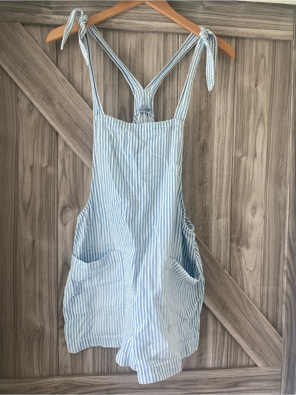 aerie Blue & White Striped Tie-Shoulder overall shorts